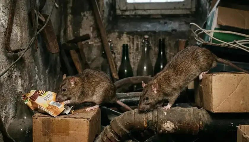 Deux rats fouillent dans des détritus dans une cave sombre. Un problème de rats que dit la loi ?