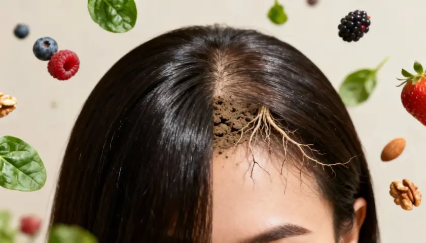 Haarwurzeln in Erde, umgeben von Beeren und Nüssen. Schwarzer Tee kann bei Haarausfall helfen.
