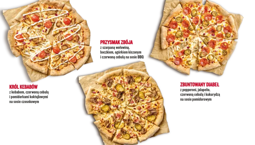 Trzy pyszne pizze, idealne na festiwal pizzy: Król Kebabów, Przysmak Zbója i Zbuntowany Diabeł.