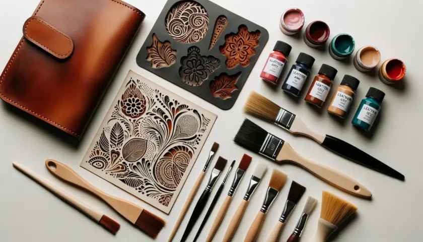 Kit pour peindre du cuir : portefeuille, pochoirs, pinceaux et pots de peinture aux couleurs vives.