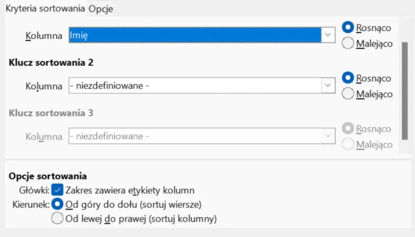 Okno sortowania. Pierwszy klucz sortowania to kolumna "Imię" rosnąco. Kolejne klucze są niezdefiniowane.