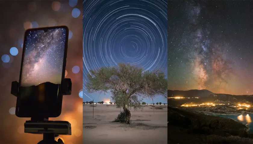 Niesamowita astrofotografia smartfonem: Droga Mleczna na ekranie, ślady gwiazd nad drzewem i rozgwieżdżone niebo nad jeziorem.