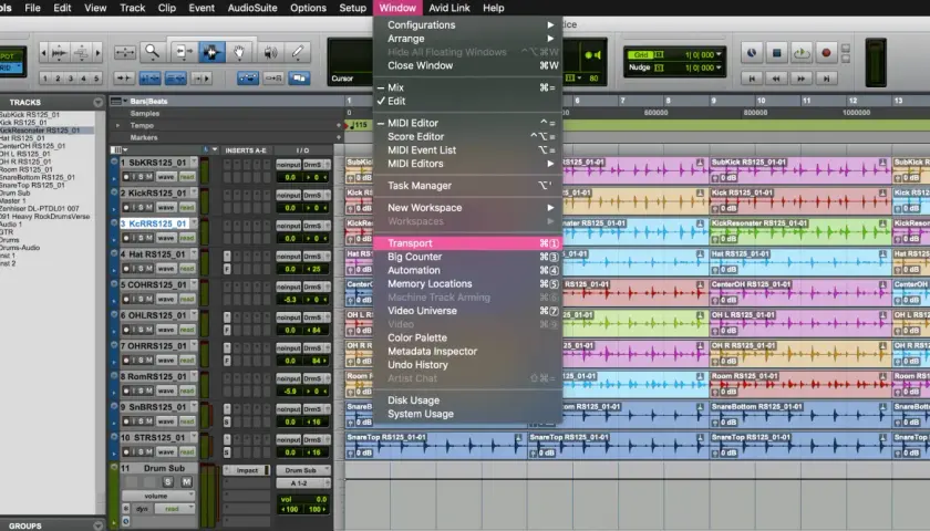 Pro Tools Menü "Window" zeigt "Transport" an, nützlich für pro tools shortcuts.