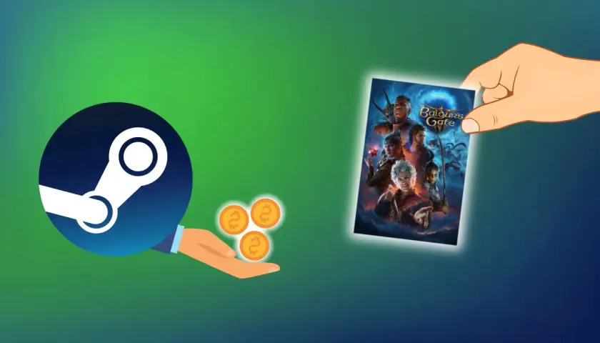 Ręka trzyma okładkę gry Baldur's Gate 3, a obok logo Steam i monety. Zastanawiasz się, ile trwa zwrot gry na Steam?
