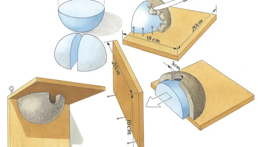 Anleitung zum Schwalben Nisthilfe selber bauen: Eine halbrunde Form wird geteilt, mit Lehm ummantelt und in eine Holzkiste gesetzt.
