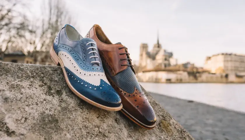 Eleganckie męskie buty derby, jeden w odcieniach niebieskiego i białego, drugi brązowy. Idealne na spacer po Paryżu.