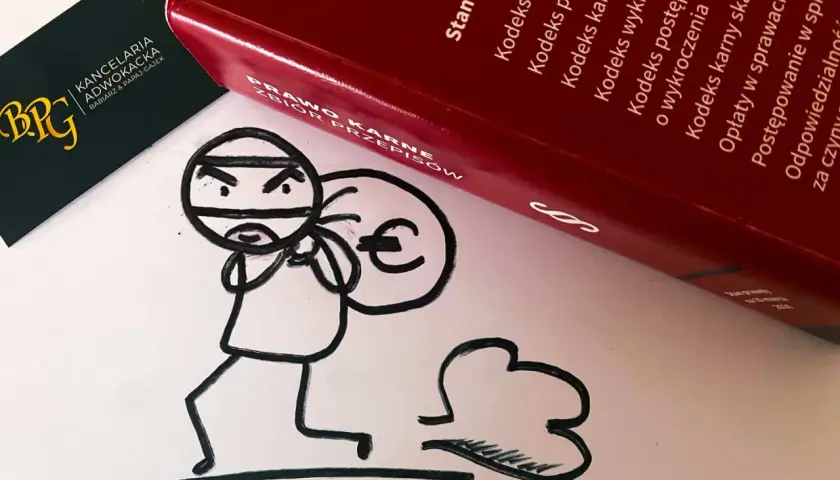 Rysunek złodzieja z workiem pieniędzy i czerwona księga z napisem "Prawo karne".