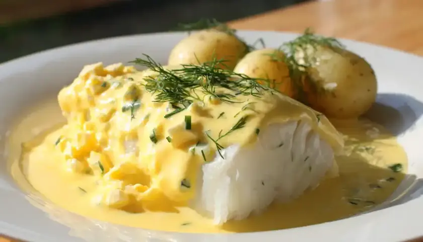 En saftig bit torsk med krämig citronsås och dill, serverad med små, kokta potatisar. En klassisk svensk rätt.