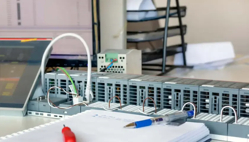 Moduły sterownika PLC, przewody i notatnik z długopisem. To serce systemu automatyki, gotowe do programowania.