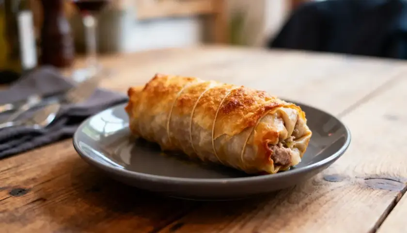Une délicieuse crêpinette de porc dorée, enveloppée dans une pâte feuilletée croustillante, prête à être dégustée sur une assiette grise.