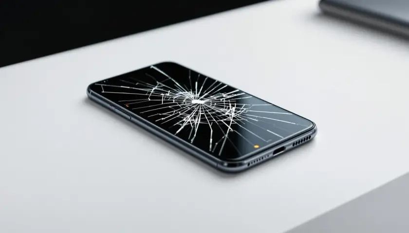Telefon z pękniętym ekranem leżący na białej powierzchni.