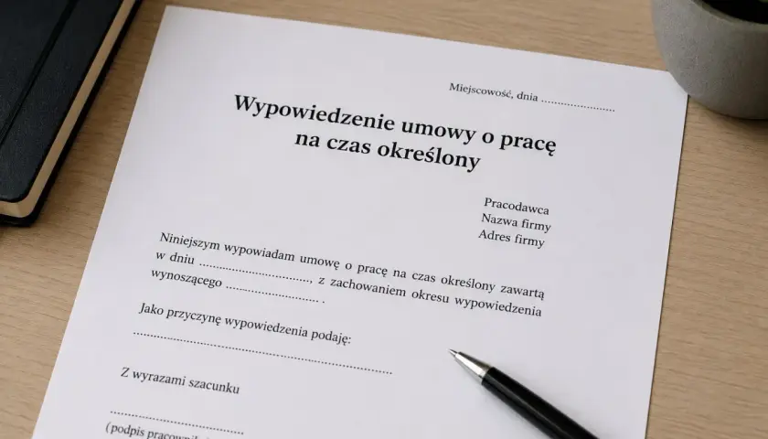 Dokument "Wypowiedzenie umowy o pracę na czas określony" leży na biurku obok długopisu.
