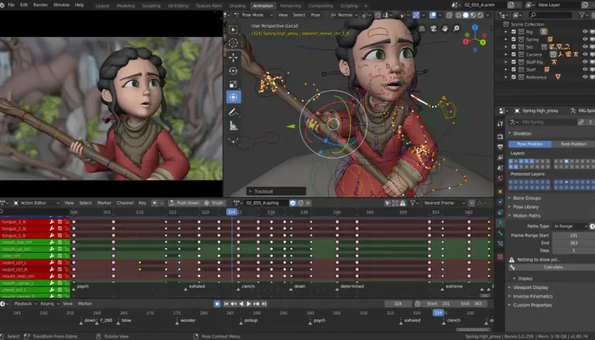 Ein Charakter wird in einer 3D-Animationssoftware mit detaillierten Rigging-Kontrollen animiert.