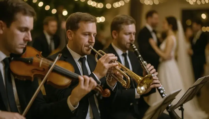 Orkiestra weselna grająca na żywo. Zastanawiasz się, ile kosztuje orkiestra na wesele? Muzycy tworzą wyjątkową atmosferę.