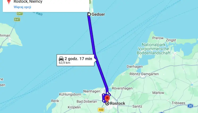 Trasa promowa Rostock-Gedser, czas podróży 2h 17min, 63,9 km. Sprawdź prom Rostock Gedser cena.
