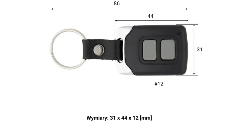 Kompaktowy pilot Somfy io z dwoma szarymi przyciskami, na breloczku. Wymiary: 31x44x12 mm.