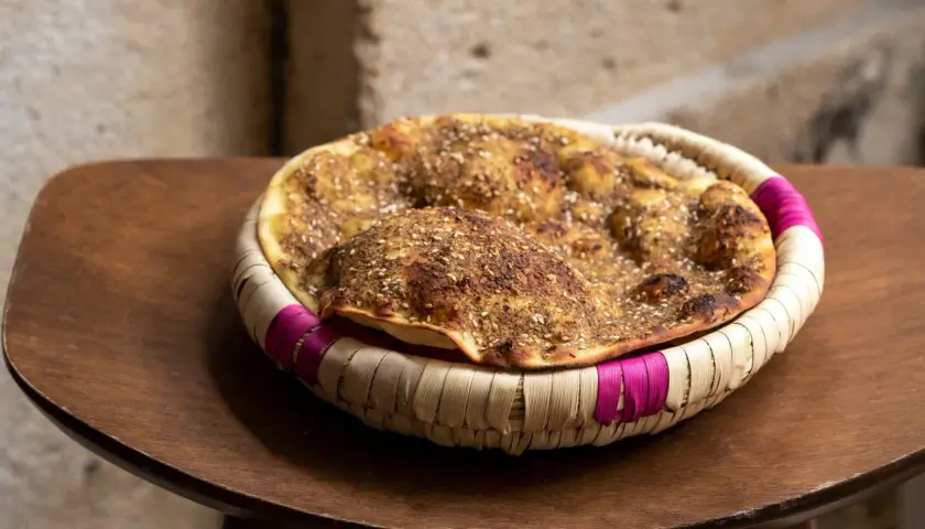Manouche au zaatar, un délice croustillant aux épices, servi dans un panier tressé aux accents fuchsia.