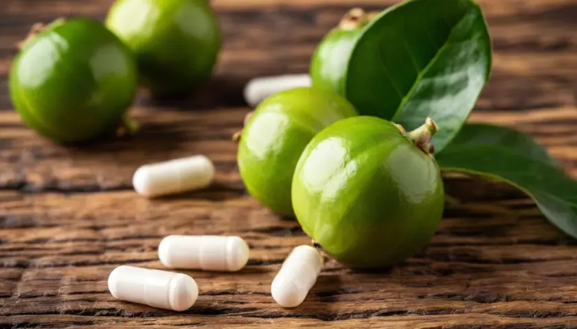 Frutti verdi di garcinia cambogia e capsule su legno.