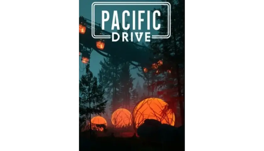 Nocny las, tajemnicze, świecące kule i wiszące lampy. Logo "PACIFIC DRIVE" nad drzewami.