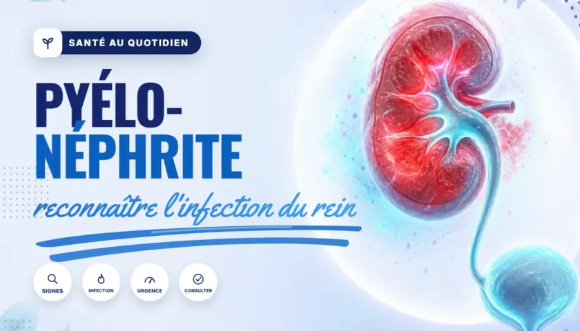 Pyélonéphrite : reconnaître l'infection du rein. L'image montre un rein et une vessie, avec des icônes pour les signes, l'infection, l'urgence et la consultation.