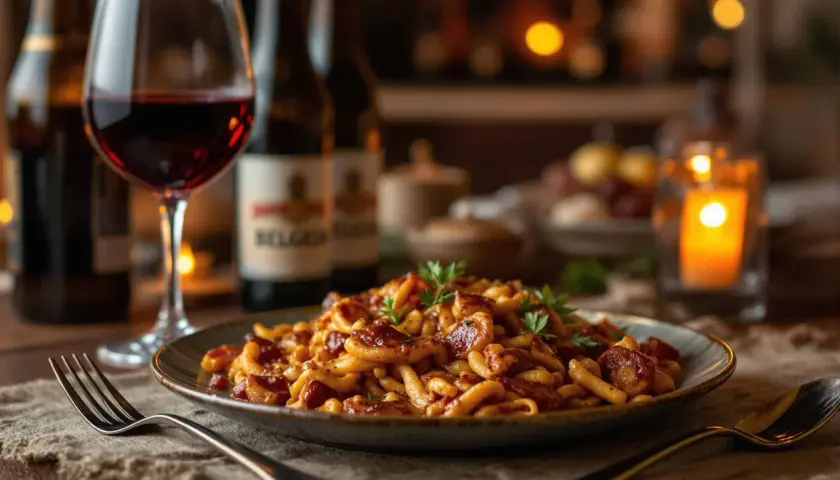 Un plat de pâtes savoureux, garni de persil, avec un verre de vin rouge. Idéal pour accompagner votre carbonade flamande.