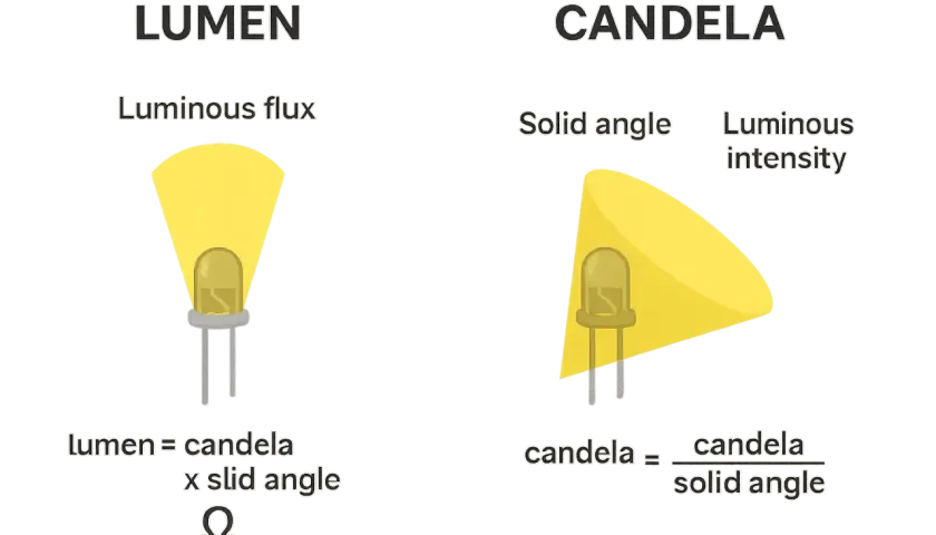Lumen e candela: due modi di misurare la luce. Il lumen misura il flusso luminoso totale, la candela l'intensità in una direzione.
