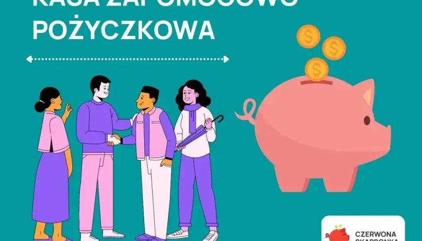 Ludzie współpracują, by zasilić kasę zapomogowo-pożyczkową. Różowa świnka-skarbonka z monetami symbolizuje oszczędności.