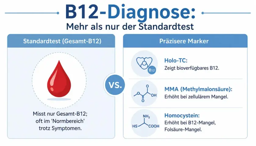 B12-Diagnose: Standardtest vs. präzisere Marker wie Holo-TC, MMA und Homocystein, die einen Vitamin B12 Mangel genauer aufzeigen.