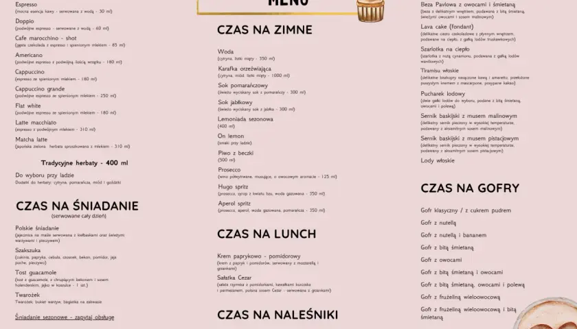 Menu kawiarni "Atelier Słodyczy" z napojami, deserami, śniadaniami i naleśnikami.