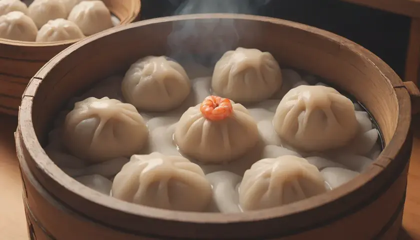 Parujące pierożki dim sum w bambusowym parowniku, jeden z krewetką na wierzchu.