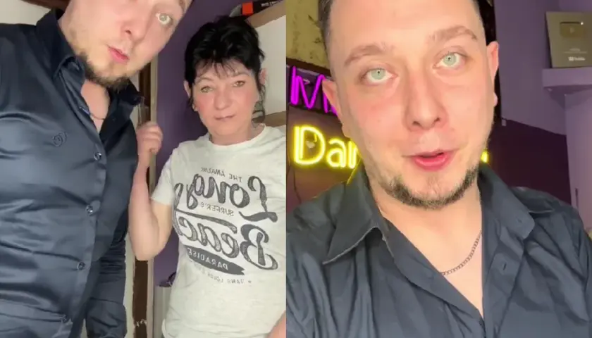 Goha z matką, w tle neonowy napis "Dance".