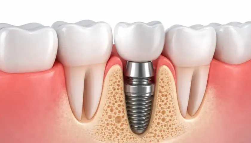 Sezione trasversale di denti con un impianto dentale inserito nell'osso mascellare, mostrando i diversi tipi di impianti dentali.