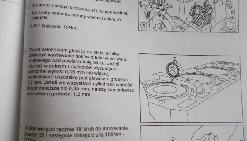 Instrukcja montażu silnika Cummins: momenty dokręcania śrub głowicy 106-117 Nm, pompy wodnej 15 Nm.