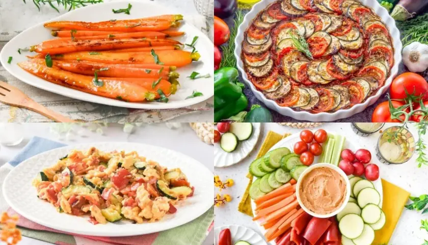 Cuatro platos con deliciosas recetas de verduras: zanahorias glaseadas, ratatouille, revuelto y crudités con hummus.