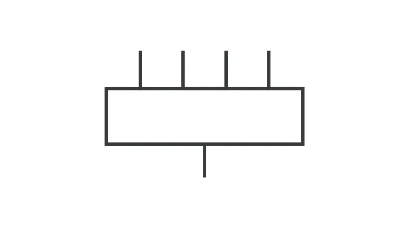 Symbol graficzny przewodu neutralnego: prostokąt z czterema liniami wychodzącymi z góry i jedną z dołu.