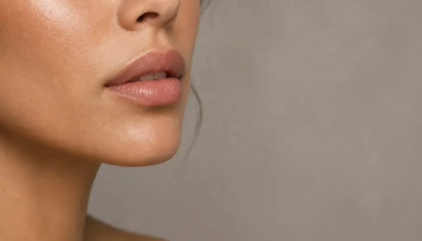 Naturligt fylliga läppar, kanske med hjälp av lip fillers, med en mjuk glans.