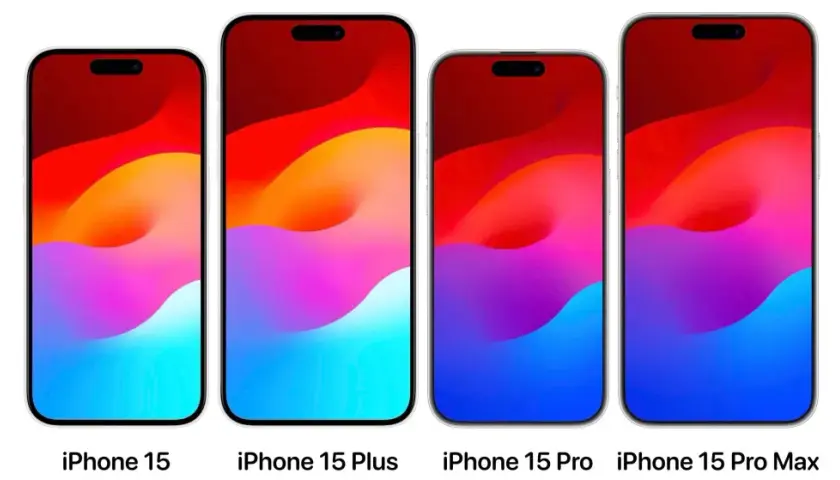 Cztery modele iPhone 15: 15, 15 Plus, 15 Pro, 15 Pro Max. Większe modele mogą mieć lepszą pojemność baterii.