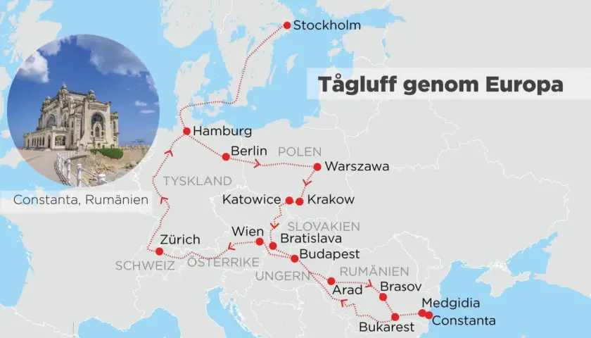 Karta över en tågluff genom Europa med rutt från Stockholm via Hamburg, Berlin, Warszawa, Wien, Budapest till Bukarest och Constanta. Bra interrail tips!