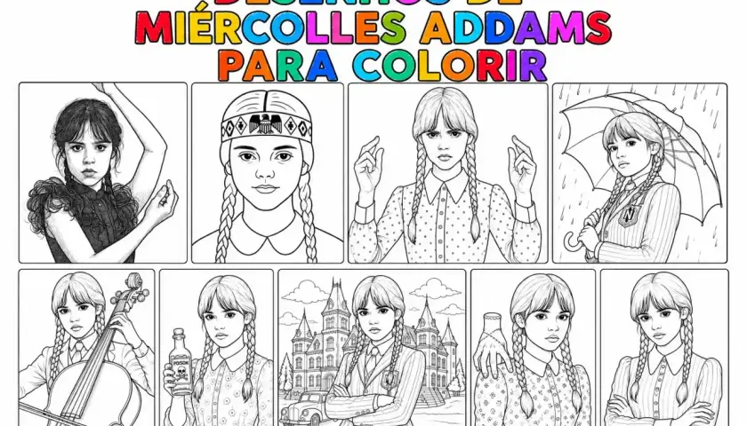 Dibujos de Miércoles Addams para colorear. Varias escenas de Miércoles, tocando violonchelo, con un paraguas, y más.