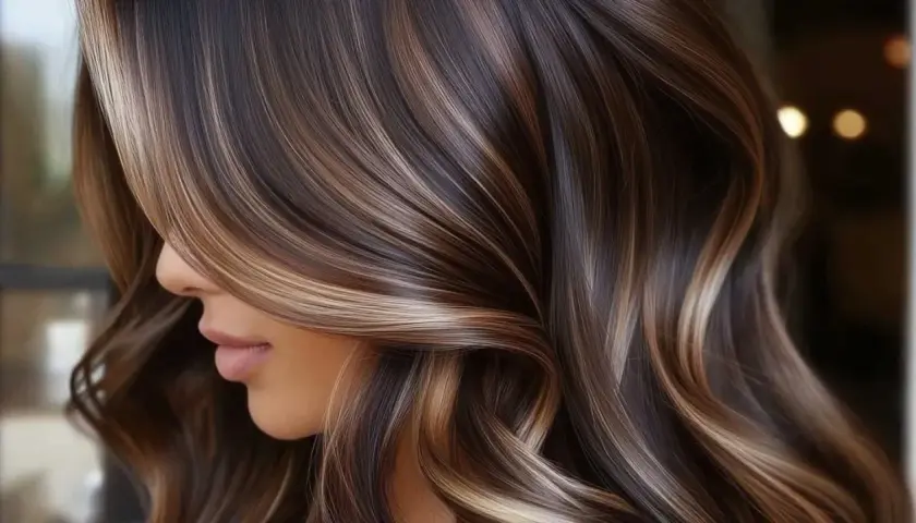 Cabello castaño con mechas melting que brillan como caramelo líquido.