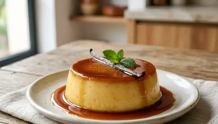 Un délicieux flan antillais, nappé de caramel et garni d'une gousse de vanille et de menthe.