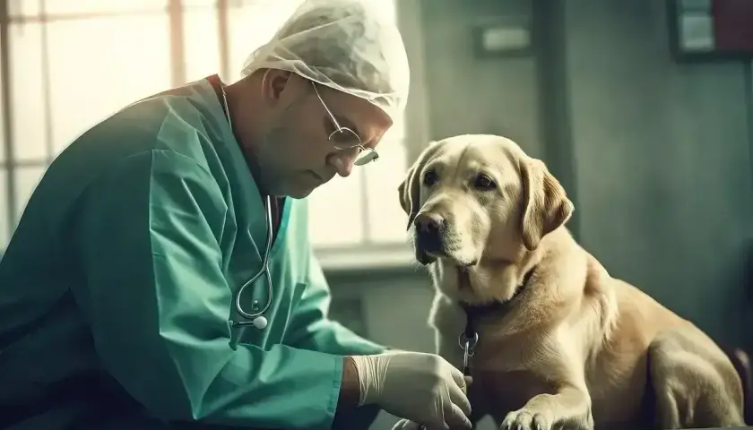 Weterynarz bada psa, rozważając tabletki na kleszcze dla psa skutki uboczne.