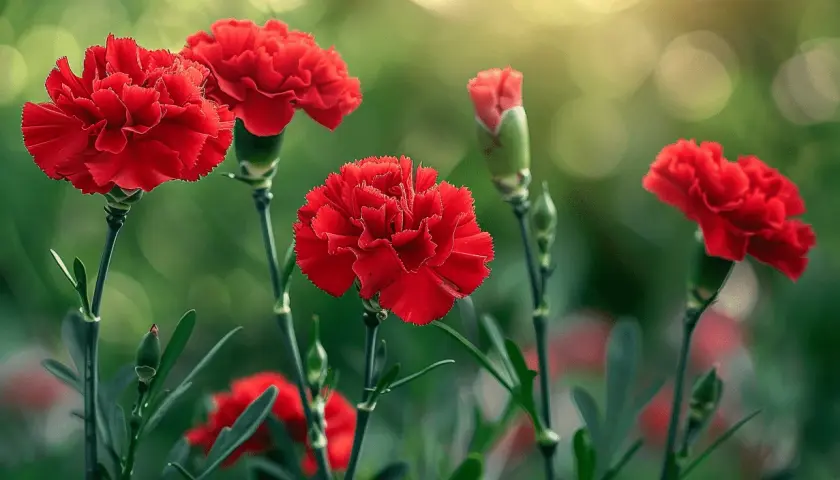 Plusieurs œillets communs rouges s'épanouissent dans un jardin, leurs pétales frangés capturant la lumière dorée du soleil.