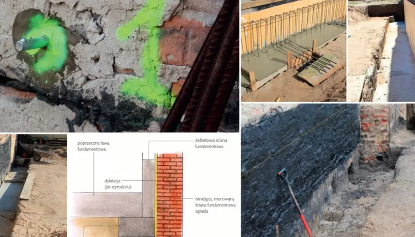 Budowa fundamentu przy istniejącym budynku: betonowanie, zbrojenie, dylatacja i przekrój ławy fundamentowej.
