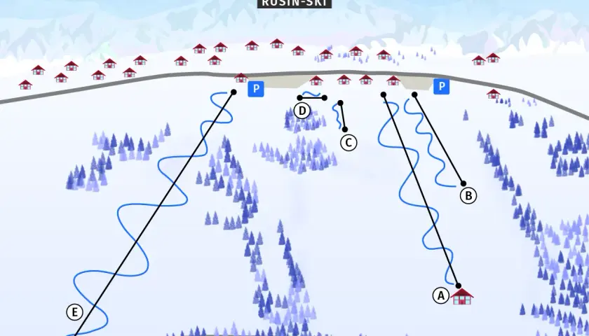 Mapa ośrodka Rusin-Ski w Bukowinie Tatrzańskiej. Widoczne wyciągi narciarskie, trasy, parkingi i domki.