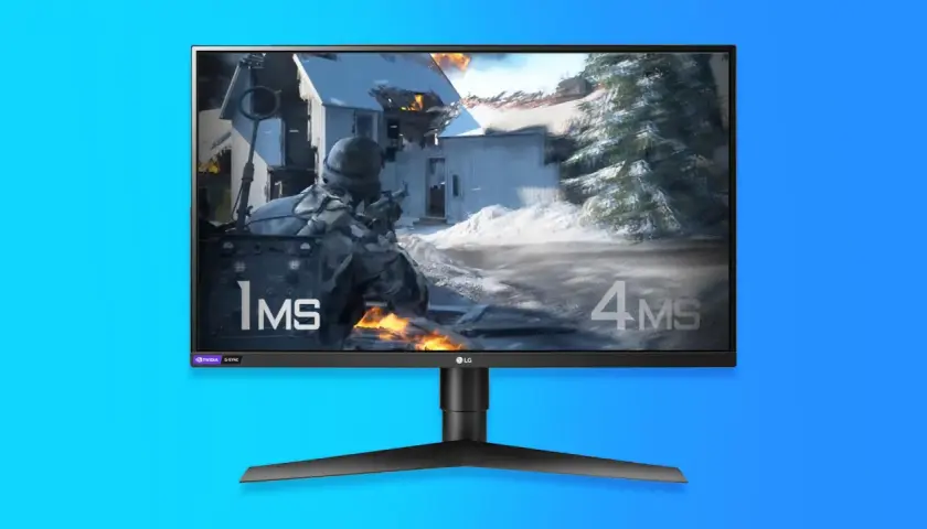 LG Gaming Monitor mit 1ms und 4ms Reaktionszeit, zeigt eine Szene aus einem Schneespiel.