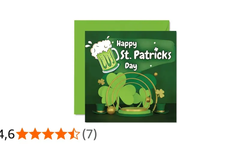 Biglietto verde per San Patrizio con boccale di birra, trifogli e cappelli. Frasi di auguri per la festa.