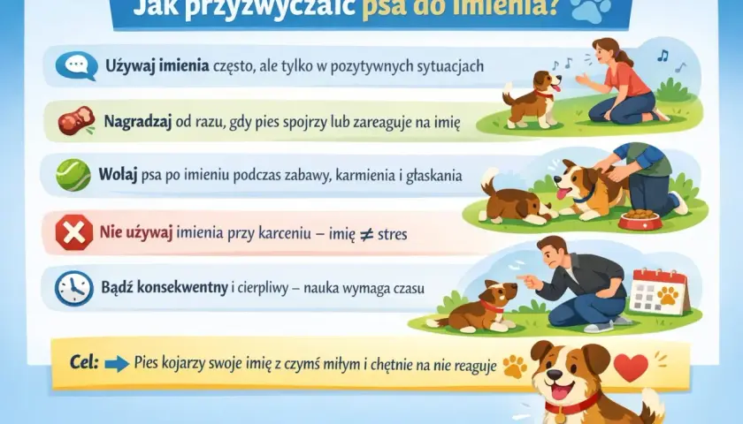 Ilustracja przedstawia wskazówki dotyczące przyzwyczajania psa do imienia, z przykładami interakcji z psami i ludźmi.