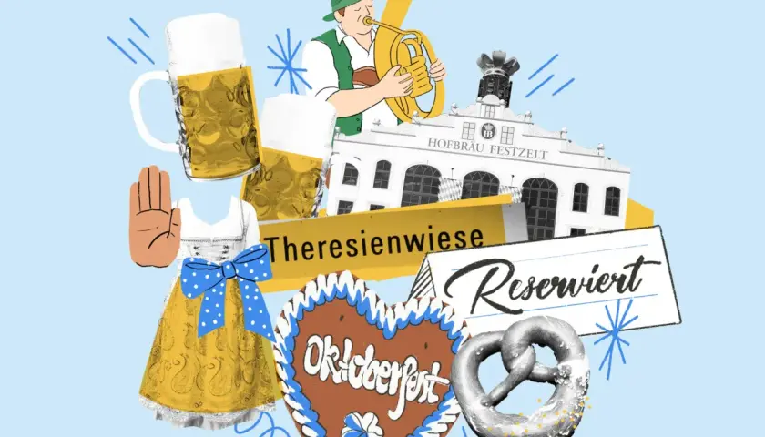 Auf dem Oktoberfest gibt es Bierkrüge, Blasmusik, Lebkuchenherzen und Brezeln. Man feiert auf der Theresienwiese und genießt die Atmosphäre.