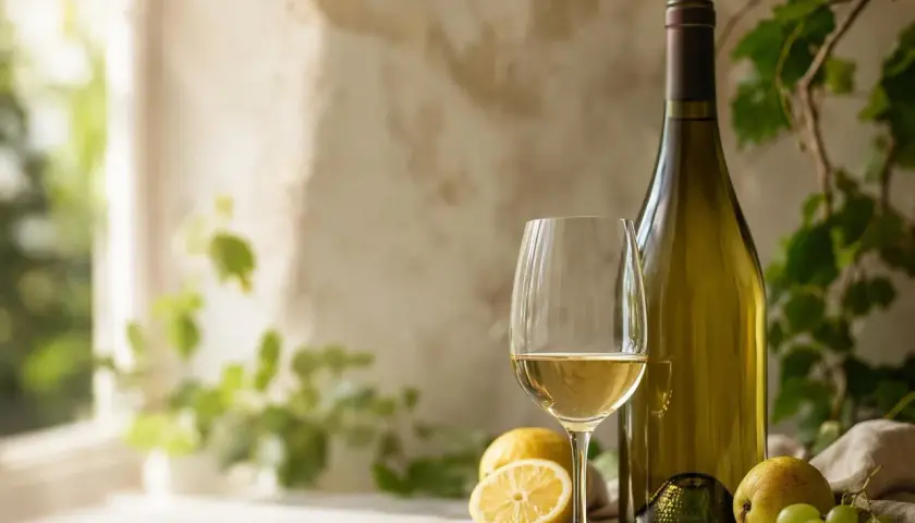 Un verre de sauvignon blanc avec des citrons et des raisins. Parfait pour un apéritif frais.